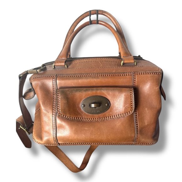 Fossil Vintage Silhouette Satchel and Crossbody Genuine Leather Camel Brown - Picture 1 of 7